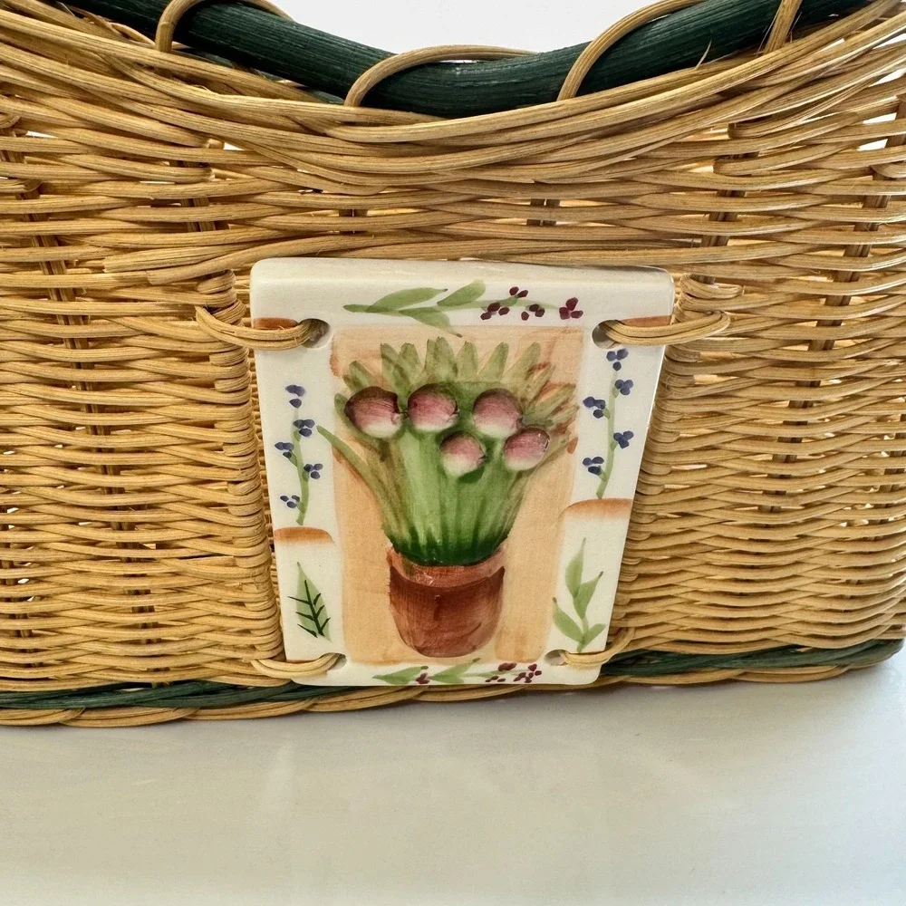 Vintage 80s Cottagecore Wicker Basket with Ceramic Floral Relief Tile and Handle